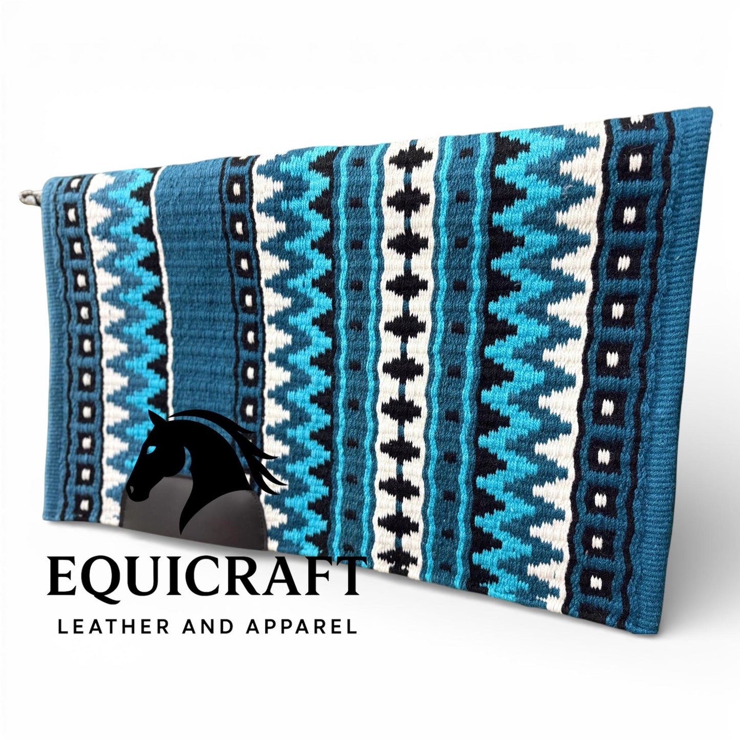 Western Show Saddle Pad | Steel Blue Turquoise Black White Wool Blanket | Hand-Woven Southwestern Horse Saddle Pad | Trail Pad 34X42