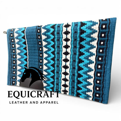 Western Show Saddle Pad | Steel Blue Turquoise Black White Wool Blanket | Hand-Woven Southwestern Horse Saddle Pad | Trail Pad 34X42