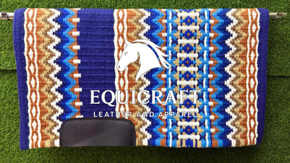 Western Show Saddle Pad | Royal Blue Rust Tan White Wool Blanket | Hand-Woven Southwestern Horse Saddle Pad | Trail Pad Equestrian Gift