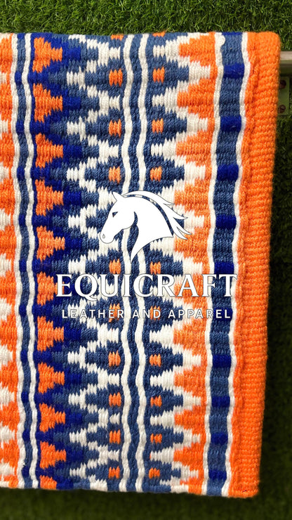 Aztec Western Show Saddle Pad | Orange Blue White Wool Blanket | Hand-Woven Southwestern Horse Saddle Pad | Trail Pad Equestrian Gift