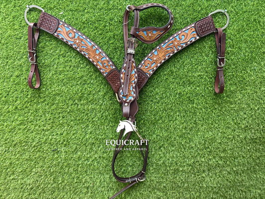 Two Tone Turquoise Inlay Tooled Leather One Ear Headstall and Breast Collar – Floral Carved Western Horse Tack | Barrel Racing Rodeo Gear