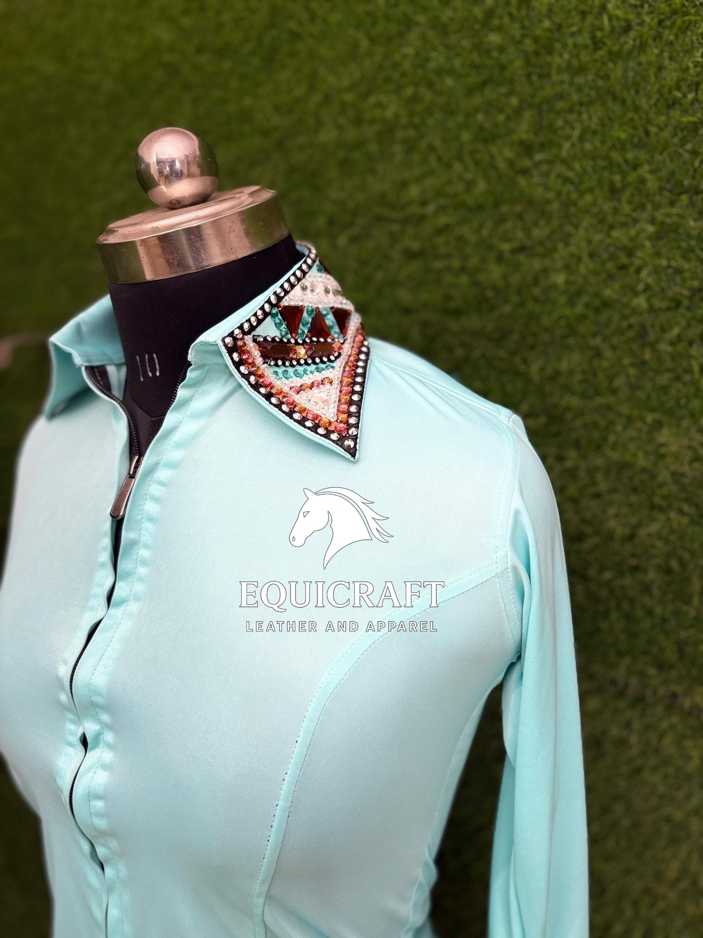 Womens Western Show Shirt | Mint Aqua Orange Gold Rhinestone Sleeveless Showmanship Shirt | Ladies Zip Rodeo Blouse | Horse Show Shirt Gift