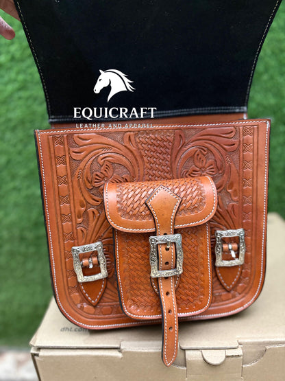 Hand Tooled Leather Western Saddle Bag – Floral Basket Weave Horse Trail Bag | Silver Concho Cowboy Riding Tack