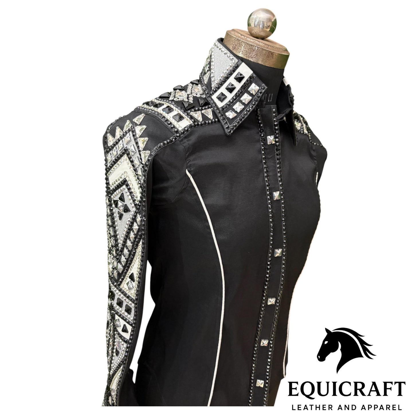 Black Crystal Western Show Shirt – Women's Rodeo Queen Equestrian Top | Rhinestone Showmanship Horsemanship Apparel