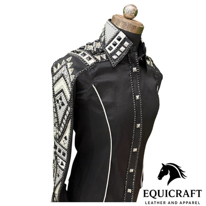 Black Crystal Western Show Shirt – Women's Rodeo Queen Equestrian Top | Rhinestone Showmanship Horsemanship Apparel