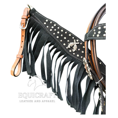Black Fringe Studded Western Headstall & Breast Collar Set – Crossed Guns Concho Horse Tack | Barrel Racing Rodeo Gear
