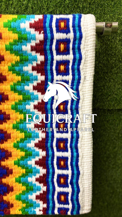 Western Show Saddle Pad | White Rainbow Multicolor Wool Blanket | Hand-Woven Southwestern Horse Saddle Pad | Colorful Show Pad