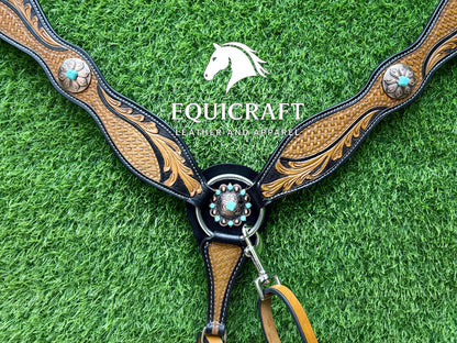 Two Tone Tooled Leather Western Breast Collar – Turquoise Concho Floral Carved Horse Tack | Barrel Racing Rodeo Gear