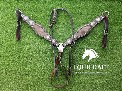 Hairon Western Leather One Ear Headstall & Breast Collar Set – Horse Tack | Cowboy Riding Gear | Rodeo Trail Barrel Racing