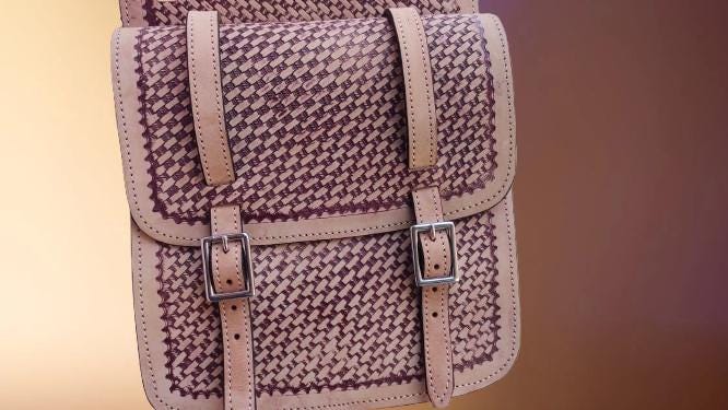 Cream & Brown Woven Leather Western Saddle Bag – Two Tone Braided Horse Trail Bag | Double Buckle Cowboy Tack