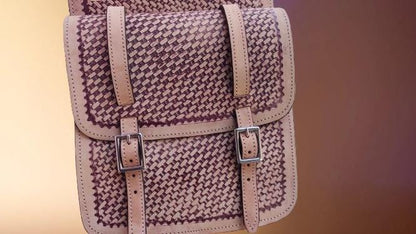 Cream & Brown Woven Leather Western Saddle Bag – Two Tone Braided Horse Trail Bag | Double Buckle Cowboy Tack