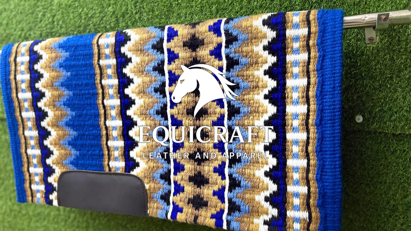 Western Saddle Pad | Royal Blue Tan Gold Aztec Wool Horse Blanket | Show Saddle Pad | Trail Riding Pad | Reining Pad | Quarter Horse Pad