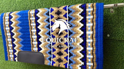 Western Saddle Pad | Royal Blue Tan Gold Aztec Wool Horse Blanket | Show Saddle Pad | Trail Riding Pad | Reining Pad | Quarter Horse Pad