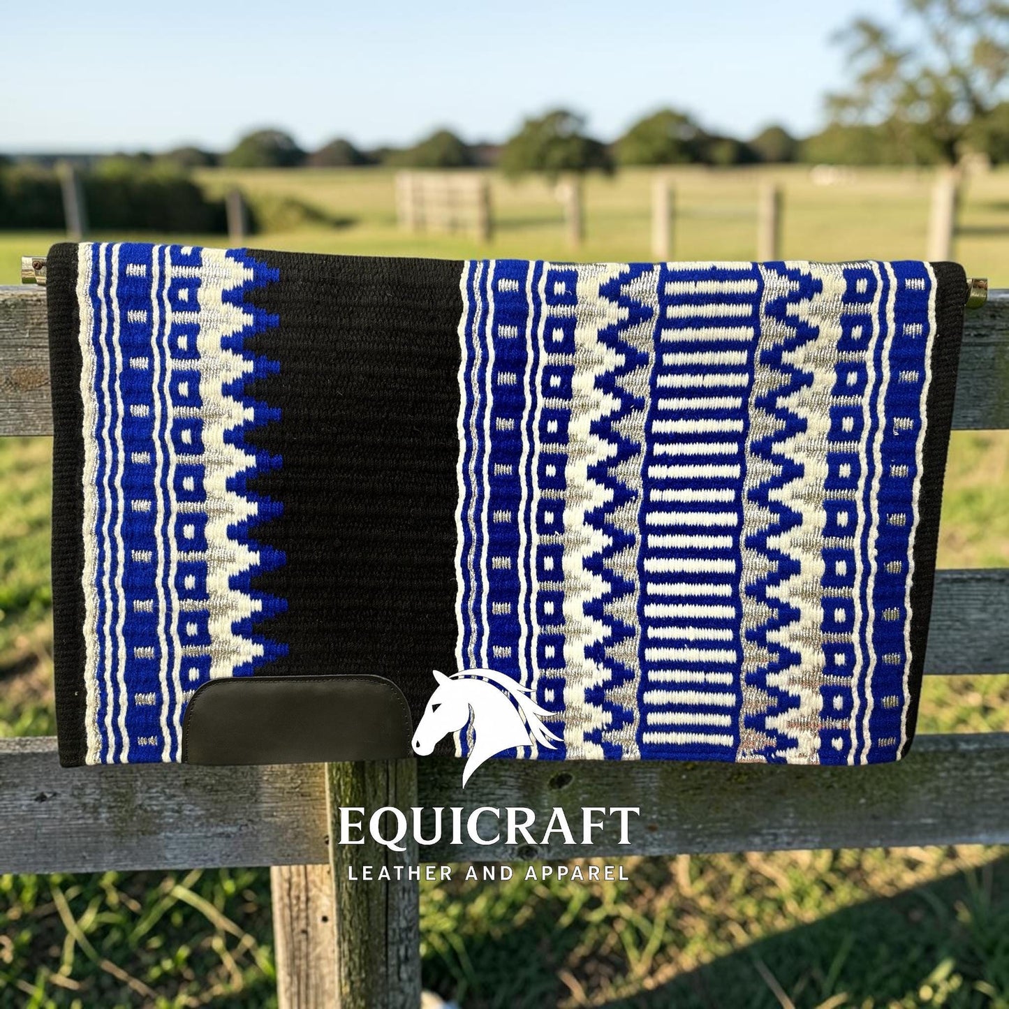 Royal Blue Black Wool Western Saddle Pad – Aztec Stripe Show Pad | Horse Blanket Barrel Racing Rodeo Ranch Tack SIZE 36X42