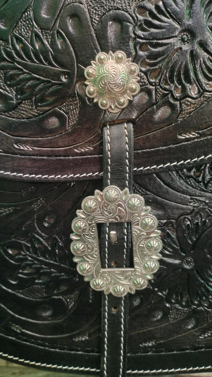 Black Floral Tooled Leather Western Saddle Bag – Silver Concho Buckle Horse Trail Bag | Cowboy Riding Tack