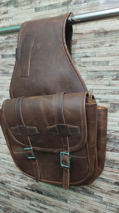 Brown Crazy Horse Leather Western Saddle Bag – Single Buckle Large Rustic Horse Trail Bag | Cowboy Riding Tack