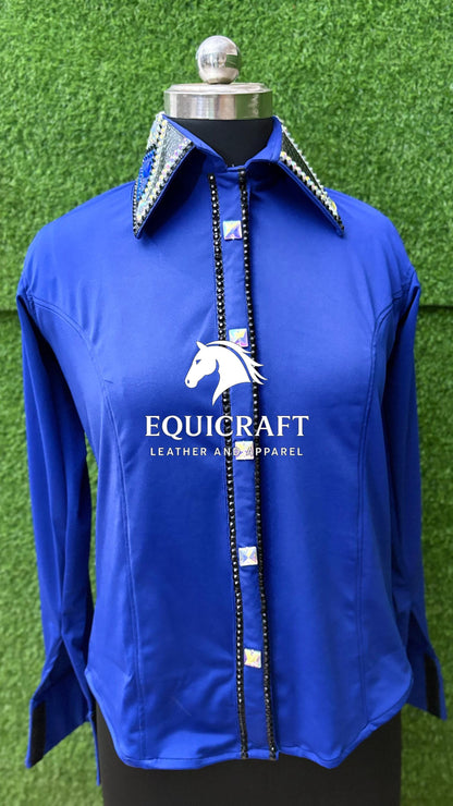 Womens Western Show Shirt | Royal Blue Black AB Crystal Rhinestone Showmanship Shirt | Ladies Rodeo Queen Blouse | Horse Show Shirt
