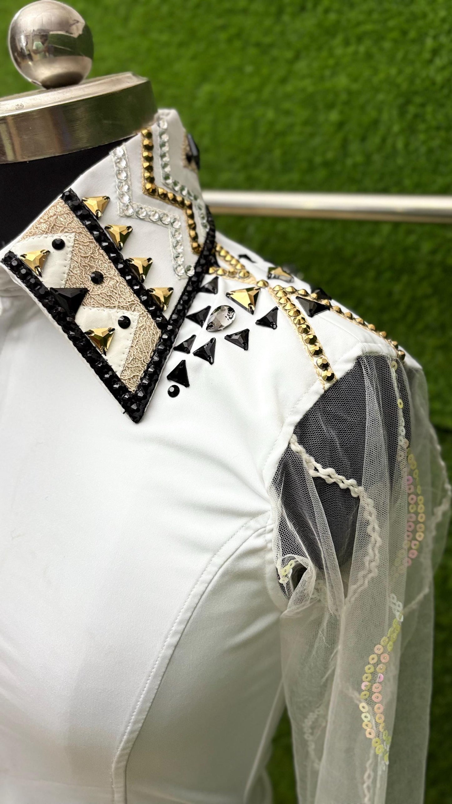 Womens Western Show Shirt | White Black Gold Rhinestone Tulle Sleeve Showmanship Shirt | Ladies Rodeo Queen Blouse | Horse Show Shirt Gift