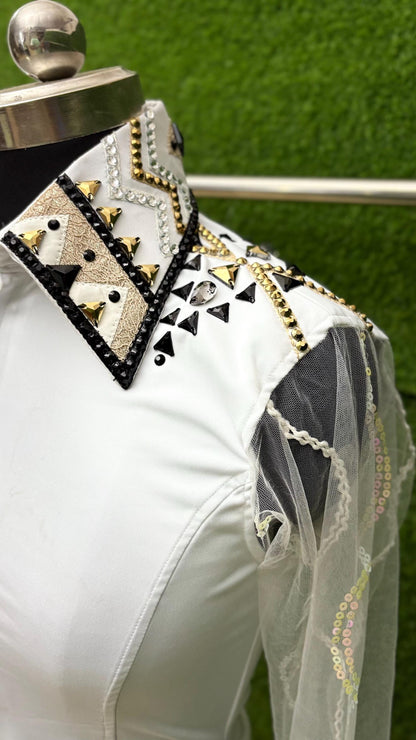 Womens Western Show Shirt | White Black Gold Rhinestone Tulle Sleeve Showmanship Shirt | Ladies Rodeo Queen Blouse | Horse Show Shirt Gift