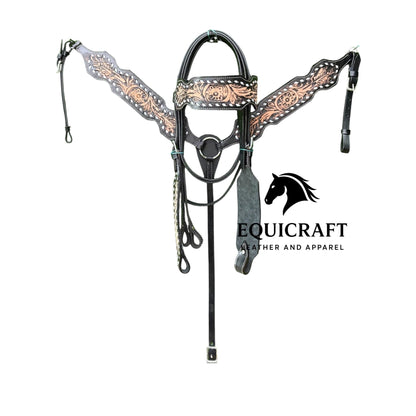 Black Tan Cutout Tooled Leather Western Headstall & Breast Collar Set – Filigree Horse Tack | Barrel Racing Rodeo Gear