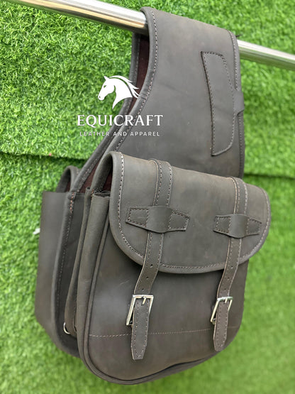 Dark Brown Crazy Horse Leather Saddle Bag – Double Buckle Western Trail Bag | Rustic Cowboy Riding Tack