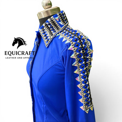 Royal Blue Western Show Shirt – AB Crystal Silver Stud Women's Rodeo Queen Top | Showmanship Horsemanship Equestrian