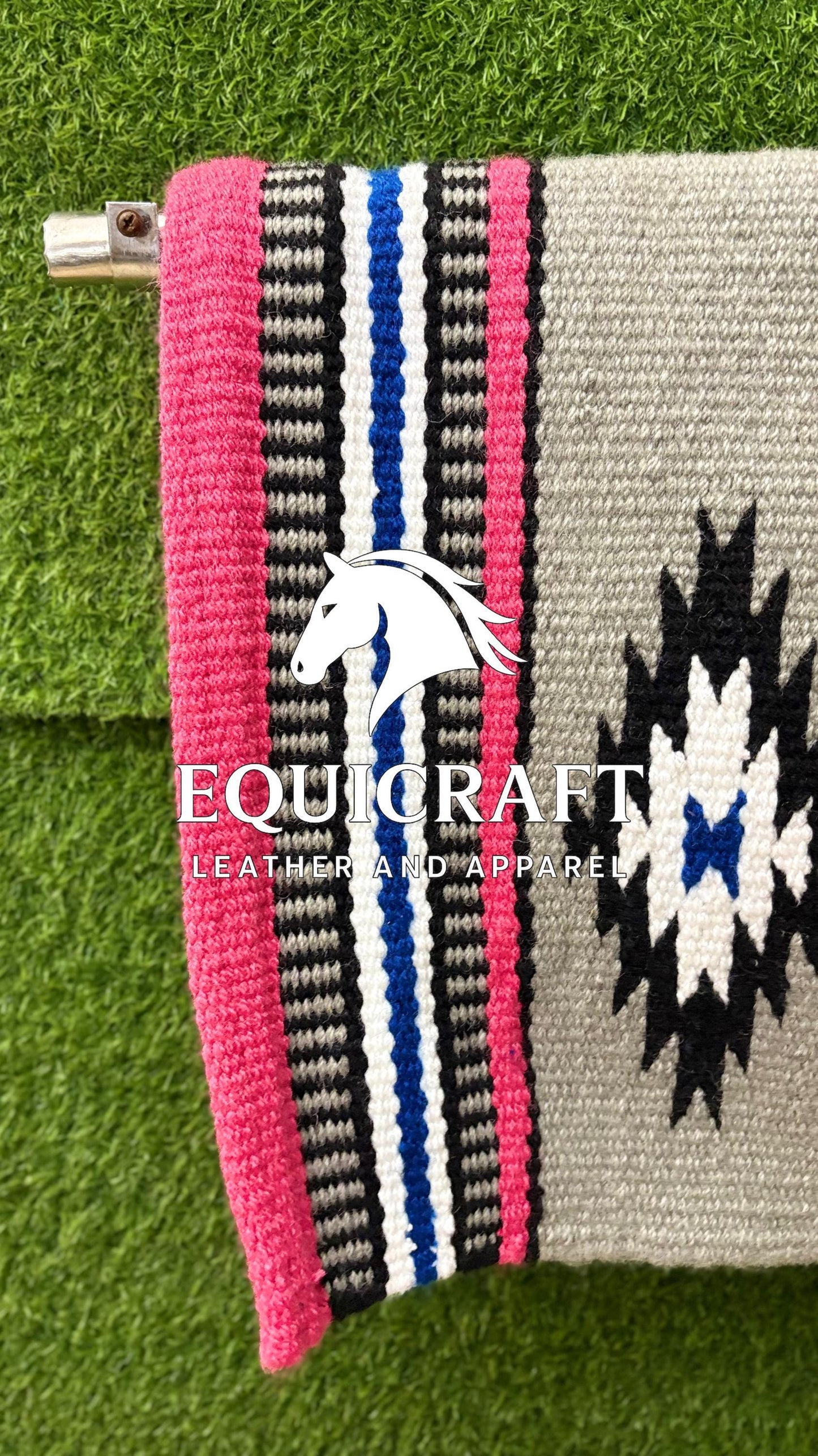 Western Saddle Blanket | Gray Pink Black Blue Wool Pad | Hand-Woven Southwestern Horse Saddle Blanket | Equestrian Gift SIZE 34X34