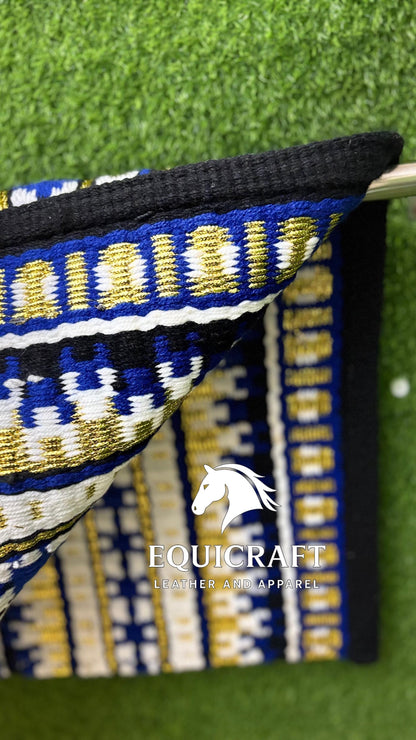 Aztec Western Show Saddle Pad | Black Blue Gold Metallic Wool Blanket | Hand-Woven Southwestern Horse Saddle Pad | Show Ring Pad