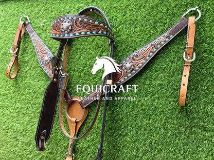 Turquoise Stone Tooled Leather Western Headstall & Breast Collar Set – Silver Concho Horse Tack | Barrel Racing Rodeo
