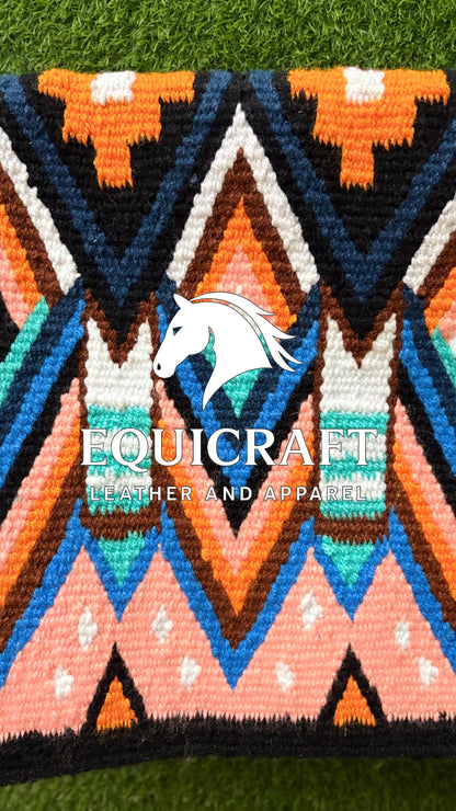 Western Saddle Blanket | Black Orange Peach Teal Wool Pad | Hand-Woven Southwestern Horse Saddle Blanket | Colorful Show Pad Equestrian Gift