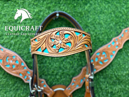 Hand Tooled Leather Headstall & Breast Collar Set – Turquoise Inlay Western Horse Tack | Floral Carved Rodeo Bridle