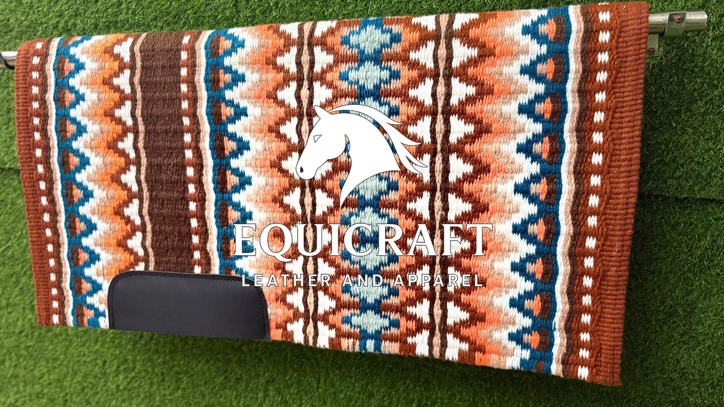 Western Saddle Pad | Brown Orange Teal Aztec Wool Horse Blanket | Show Saddle Pad | Trail Riding Pad | Reining Pad | Quarter Horse Pad