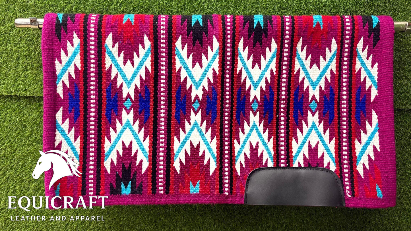 Western Show Saddle Pad | Magenta Pink White Turquoise Wool Blanket | Hand-Woven Southwestern Horse Saddle Pad | Barrel Racing Pad
