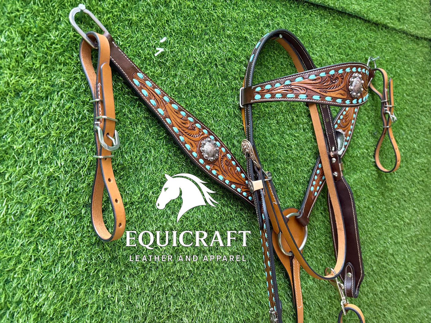 Turquoise Stone Tooled Leather Western Headstall & Breast Collar Set – Silver Concho Horse Tack | Barrel Racing Rodeo
