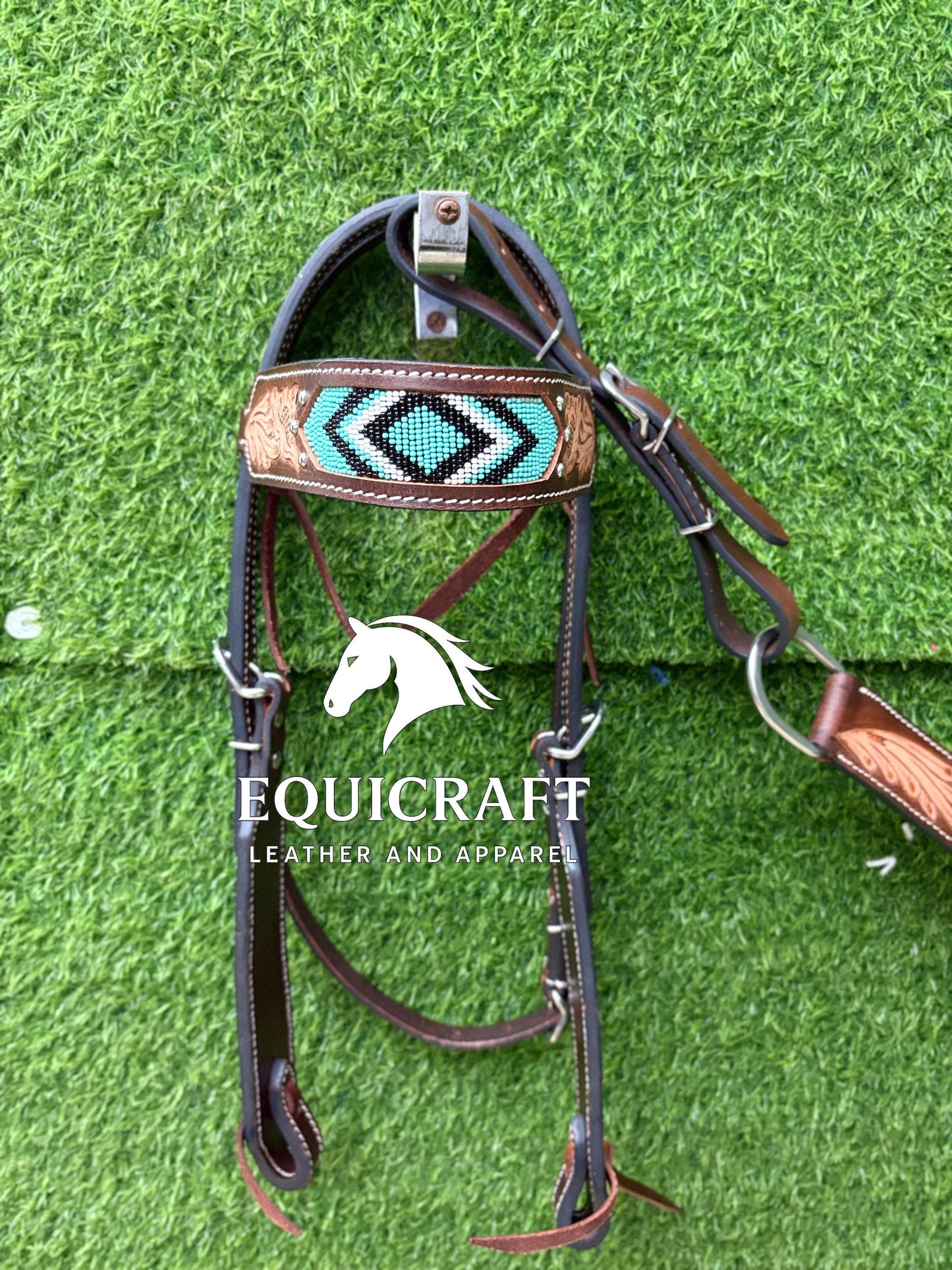 Turquoise Beaded Western Headstall & Breast Collar Set – Aztec Diamond Tooled Leather Horse Tack | Barrel Racing Rodeo