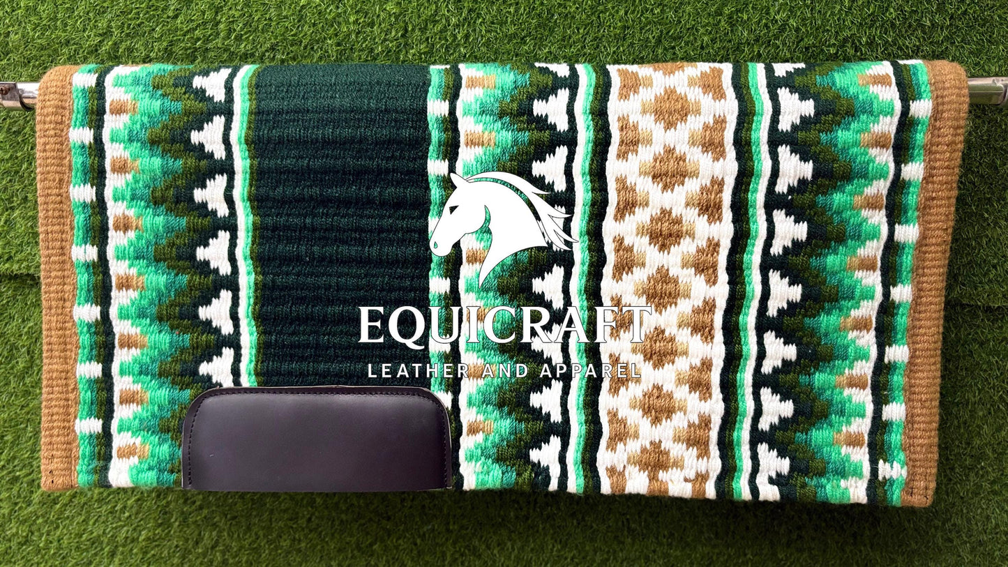 Green Tan Wool Western Saddle Pad – Diamond Show Pad | Horse Blanket Barrel Racing Rodeo Tack