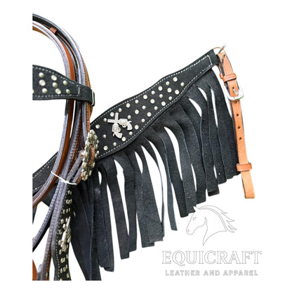 Black Fringe Studded Western Headstall & Breast Collar Set – Crossed Guns Concho Horse Tack | Barrel Racing Rodeo Gear