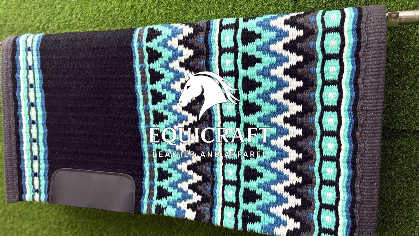 Black Mint Blue Wool Western Saddle Pad – Aztec Zigzag Show Pad | Horse Blanket Barrel Racing Rodeo Ranch Tack