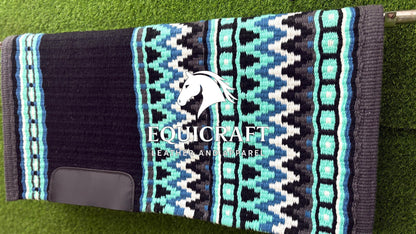 Black Mint Blue Wool Western Saddle Pad – Aztec Zigzag Show Pad | Horse Blanket Barrel Racing Rodeo Ranch Tack