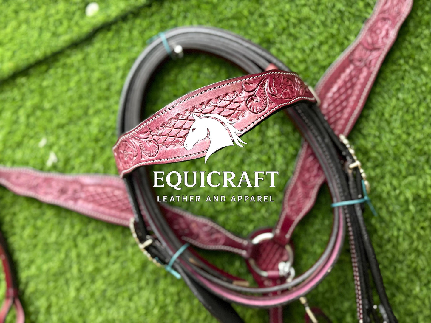 Burgundy Tooled Leather Western Headstall & Breast Collar Set – Silver Concho Horse Tack | Barrel Racing Rodeo Gear