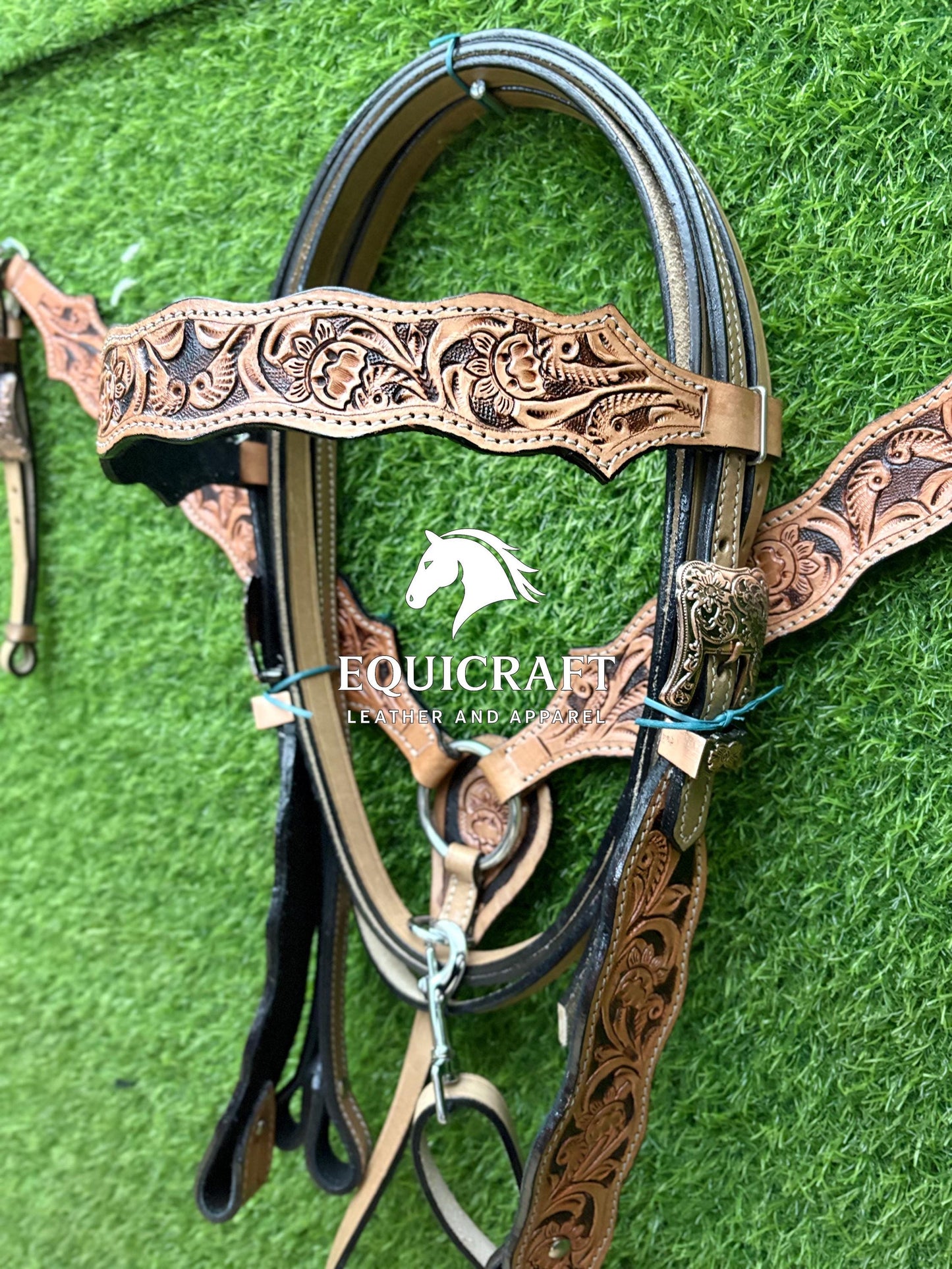 Tan Black Floral Tooled Leather Western Headstall & Breast Collar Set – Antique Concho Horse Tack | Barrel Racing Rodeo