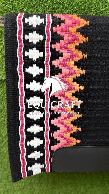 Western Show Saddle Pad | Black Pink Orange White Wool Blanket | Hand-Woven Southwestern Horse Saddle Pad | Barrel Racing Pad