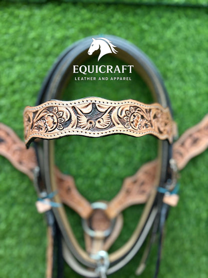 Tan Black Floral Tooled Leather Western Headstall & Breast Collar Set – Antique Concho Horse Tack | Barrel Racing Rodeo