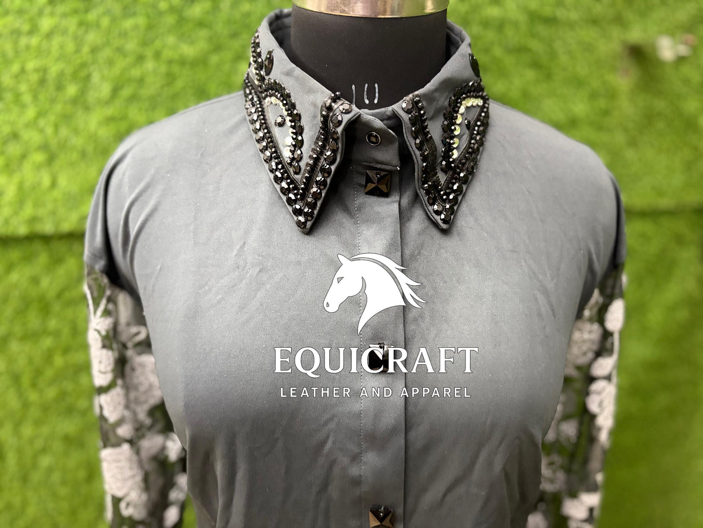 Womens Western Show Shirt | Gray Black Silver Rhinestone Lace Sleeve Showmanship Shirt | Ladies Rodeo Queen Blouse | Horse Show Shirt Gift