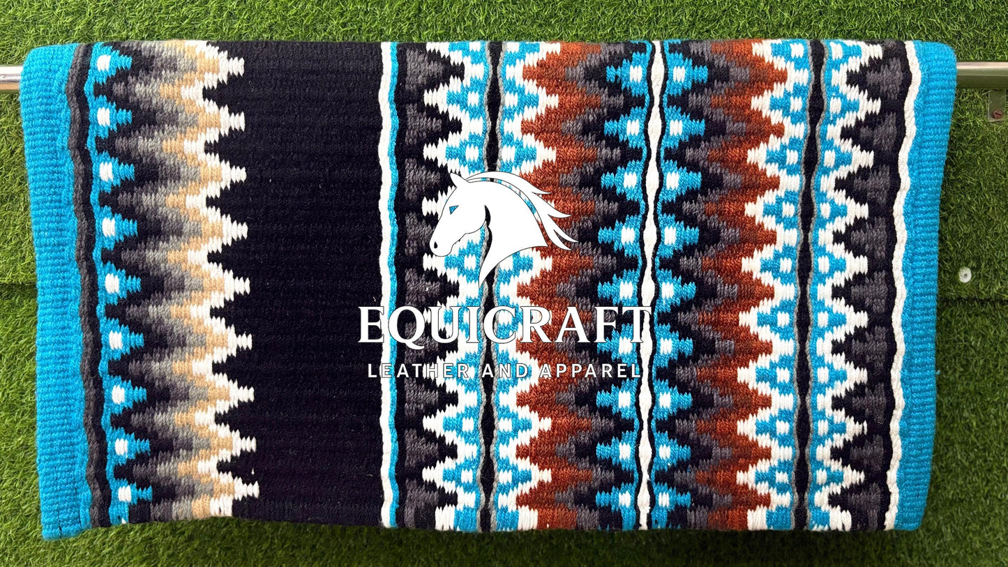 Turquoise Black Rust Wool Western Saddle Blanket – Aztec Zigzag Show Blanket | Horse Pad Barrel Racing Rodeo Tack SIZE 32X34