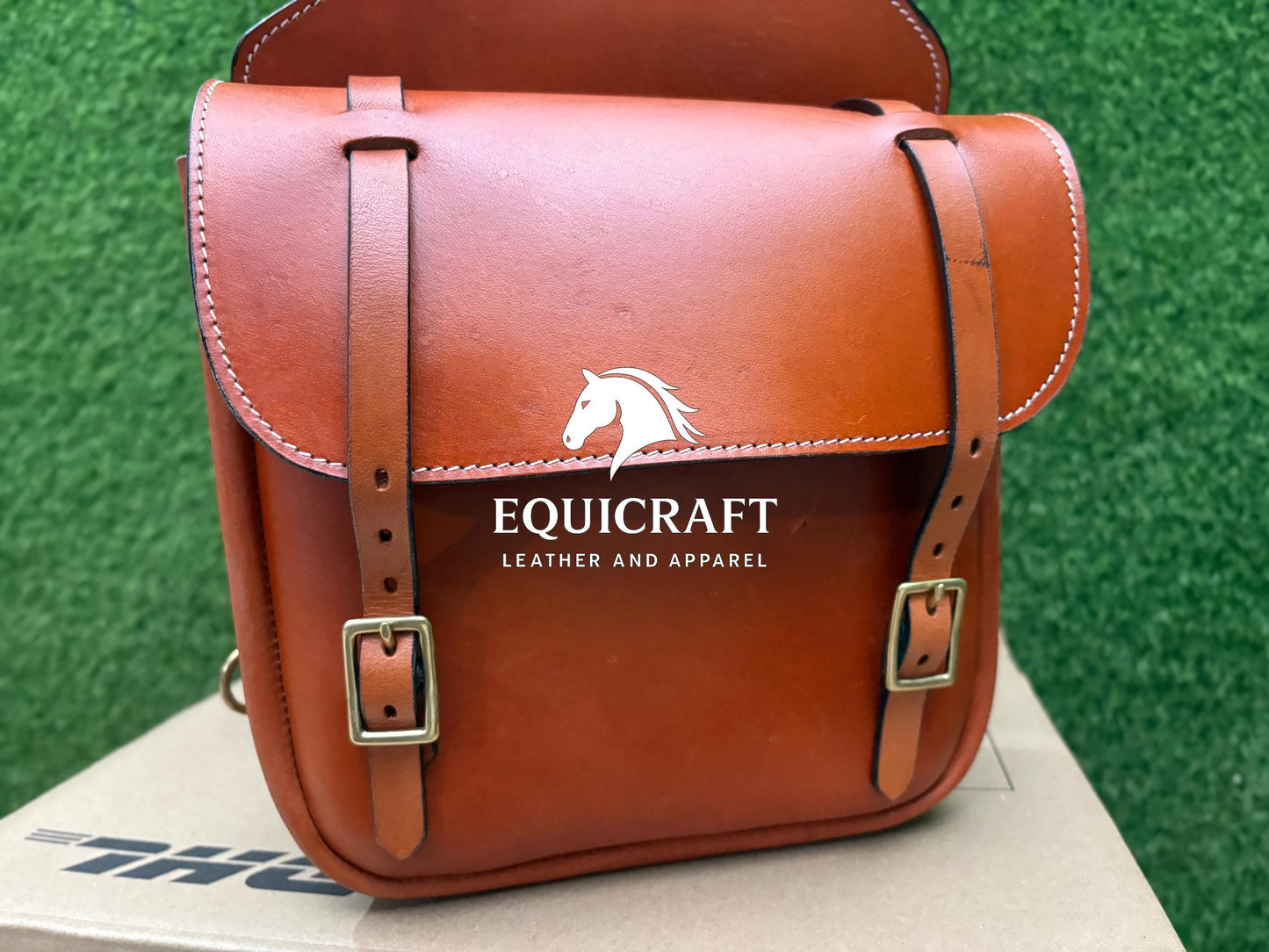 Tan Leather Western Saddle Bag – Double Buckle Plain Horse Trail Bag | Brass Hardware Grommet Cowboy Riding Tack