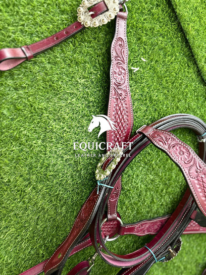 Burgundy Tooled Leather Western Headstall & Breast Collar Set – Silver Concho Horse Tack | Barrel Racing Rodeo Gear