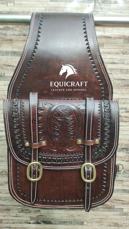Dark Brown Tooled Leather Western Saddle Bag – Horseshoe Carved Zigzag Border Double Buckle Horse Trail Tack