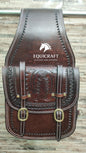 Dark Brown Tooled Leather Western Saddle Bag – Horseshoe Carved Zigzag Border Double Buckle Horse Trail Tack