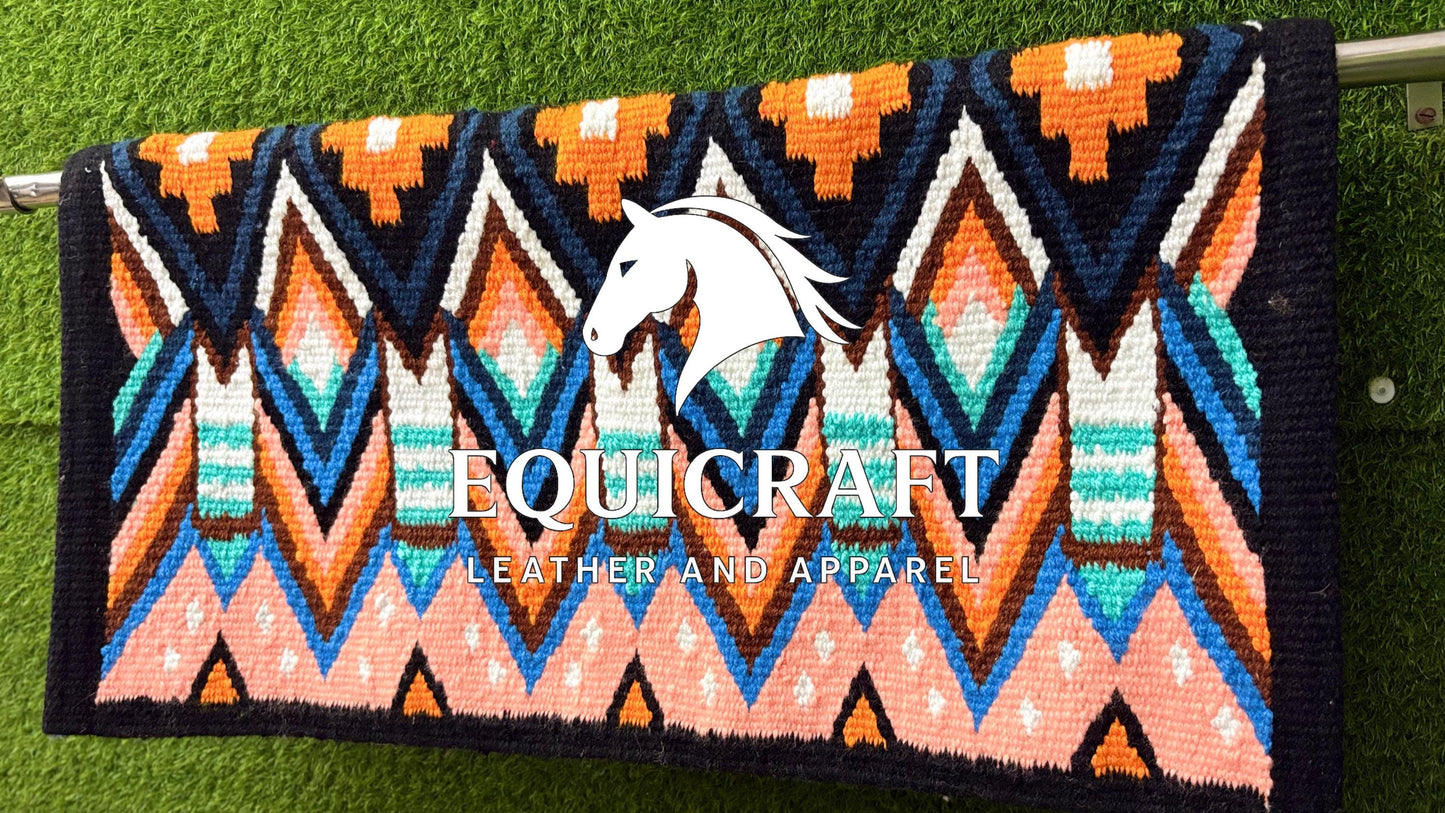 Western Saddle Blanket | Black Orange Peach Teal Wool Pad | Hand-Woven Southwestern Horse Saddle Blanket | Colorful Show Pad Equestrian Gift
